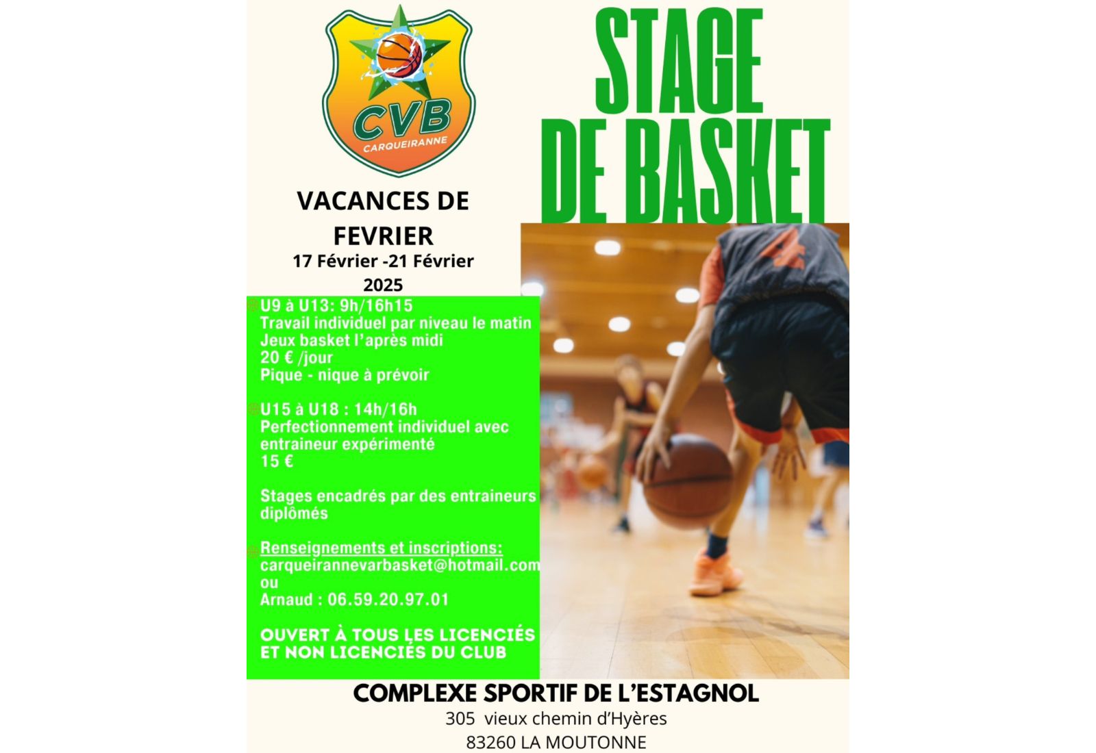 Stage de Basket du Carqueiranne Var Basket – Du 17 au 21 Février au Complexe Sportif de l'Estagnol